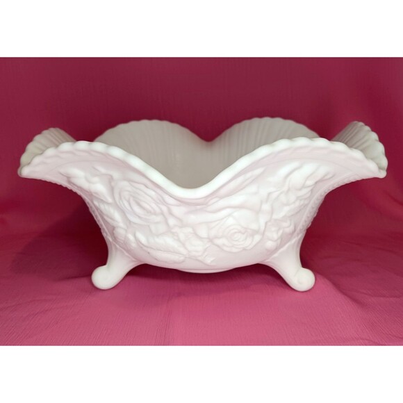 VTG Imperial Embossed Roses White Satin Milk Glass Bowl Scalloped Edge 3 Footed - Picture 2 of 7